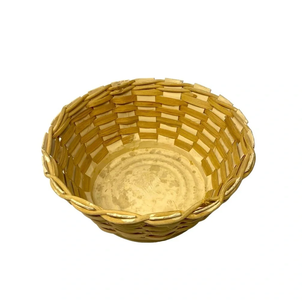 Light Blonde | Small Wicker | Rattan Round Basket with Galvanized Bottom 9”